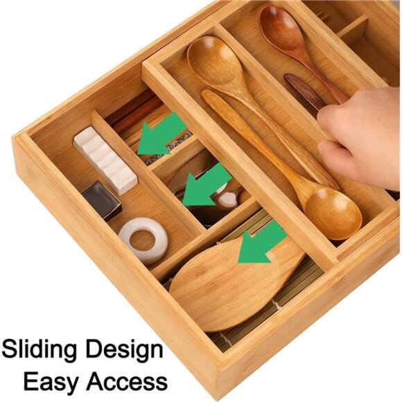 Bamboo 2 Tier Drawer Organizer Removable Cutlery Tray Kitchen Utensil Holder - Picture 5 of 8